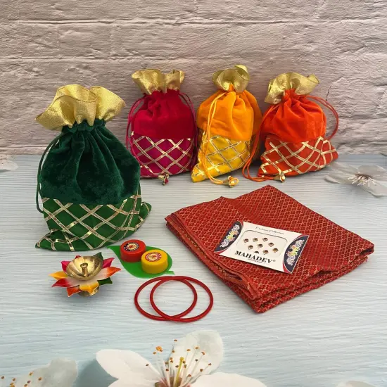 Varalakshmi Vratham Gift Hamper Navaratri Vratha Hindu Religious Teej Karva Chauth Sankranti Pooja Housewarming Return Gifts - Potli Bags Haldi Kumkum Holder Blouse Piece Diya Bindi Bangles {1}