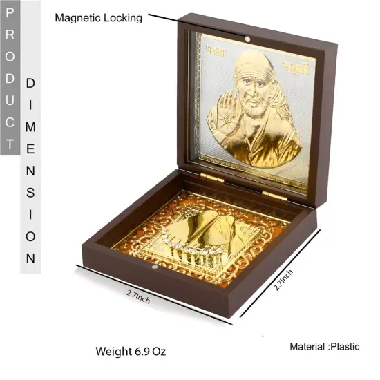 Gold Plated Sai Baba Photo Frame with Charan Paduka for Diwali Housewarming Indian Wedding Return Gift Worship Pooja Room Decor Hindu Religious Devotional Paduka Prayer Box Good Luck Gift {3}