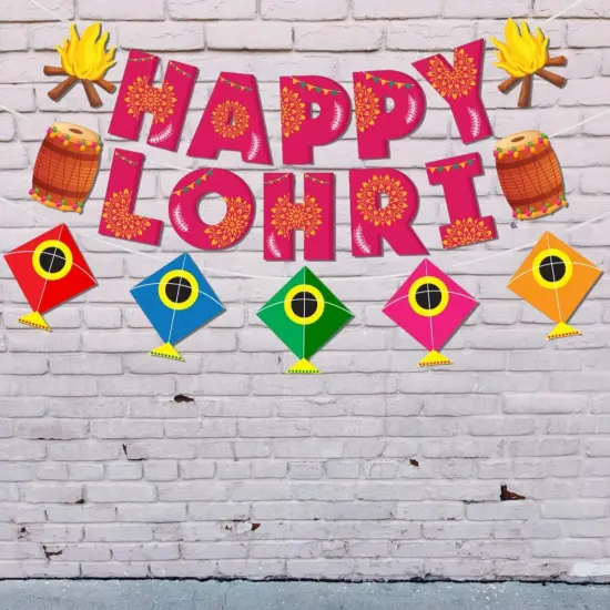 Happy Lohri Banner Lohri Theme Bunting for Decorations Indian Harvest Festival Party Banner Hindu Lohri Celebration Diy Sign with Kite Lohri Backdrop Decorations - Banners for Home Office {2}