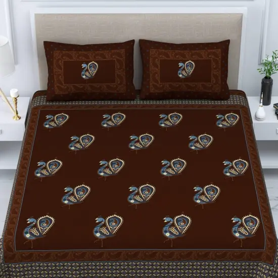 100% Cotton Sheets Indian Ethnic Peacock Printed 3-piece Fitted Sheet with Pillowcases 150 Thread Count Deep Pockets Soft Breathable Bedding Set (king Queen Twin) {1}