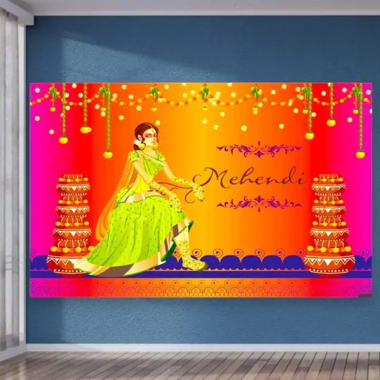Mehendi Ceremony Backdrop Indian Traditional Cloth 5x8 Feet Backdrop Mehendi Banner Indian Wall Art Photo Decor Banner Indian Wedding Backdrop Decorative Mehendi Stage Cloth {5}