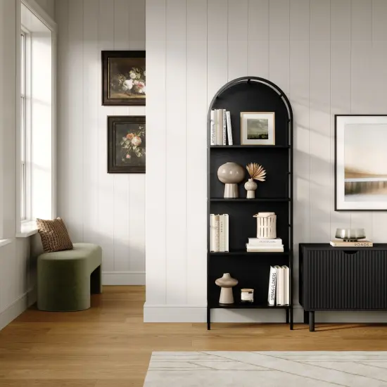 4 Tiered Black Arched Bookshelf - Stylish, Modern Home Decor - Tall Arch Bookcase - Wooden Open Arched Cabinet with Shelves - Grain Textured Laminate Arch Bookshelf with Wood Panel Backing (Black) {2}