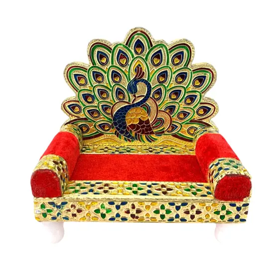 Wooden Laddu Gopal Sinhasan for Pooja Mandir Kanha Ji Singhasan Krishna Aasan for All God Janamashtami Favor Meenakari Peacock Design Singhasan Housewarming Gift {6}