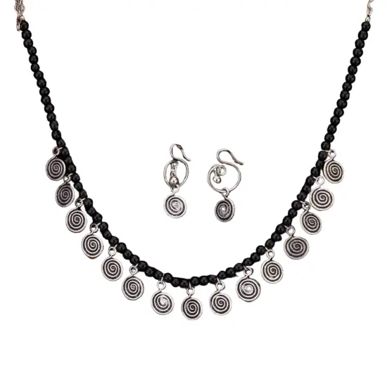 South Indian Oxidized Plating Jewelry Set Boho Tribal Jewelry Traditional Adjustable Bollywood Necklace Earrings Set Indian Long Necklace Bohemian Jewelry Afghani Tribal Tassel RUBY {2}