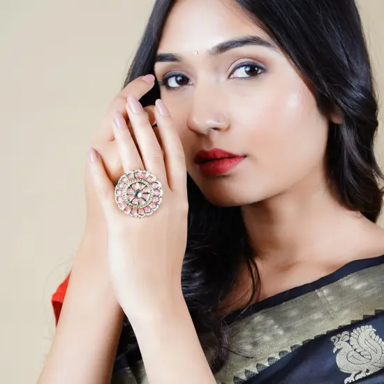 Kundan Pearl Ring with Gold Plating Vintage Round Statement Ring for Women Boho Open Wrap Finger Rings Adjustable Indian Bollywood Jewelry Hand Accessories for Wedding Party Gift Pink {2}