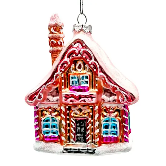 Frosted Pink Cottage Glass Christmas Ornament, Sugar Sweet Gingerbread Home Holiday Tree Decoration {1}