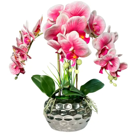 Giulia Real Touch Pink White Orchid Arrangement in Beveled Silver Vase {3}