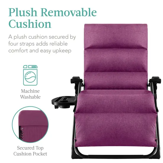 Best Choice Products Oversized Zero Gravity Chair, Folding Recliner w/ Removable Cushion, Side Tray Amethyst Purple {2}