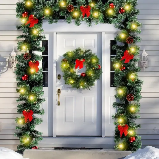 15ft Outdoor Christmas Garland with 100 Warm LED Pre-lit Artificial Christmas Garlands Decor Green Frosted {5}