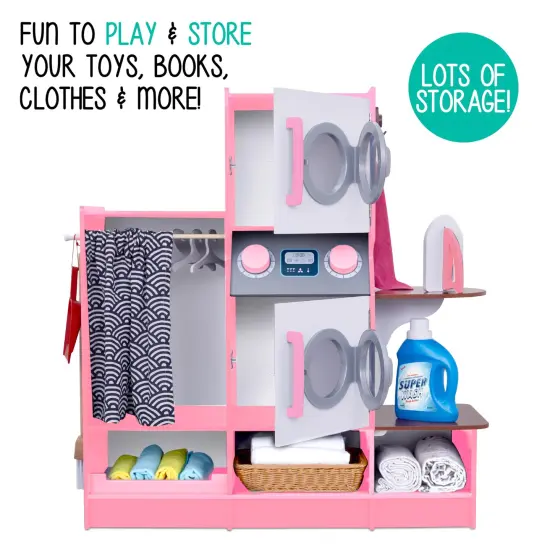 Lil' Jumbl Wooden Pretend Laundry Playset for Kids with Washer and Dryer Pink {5}