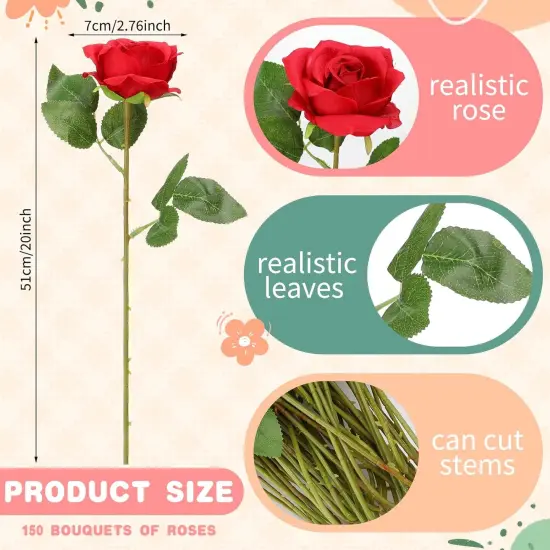 150 Pcs Artificial Rose Flowers Bouquet Bulk (Red) {2}