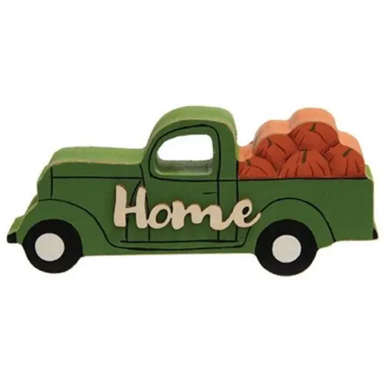 Green Wooden Home Pumpkin Truck Sitter with Raised Letters and Fall Accents {1}