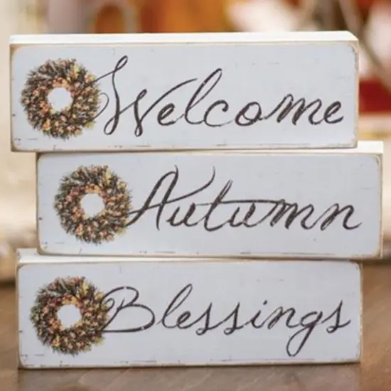 Off-White Wooden Block Signs Autumn Blessings Welcome Distressed Rustic Fall Decor 3 asstd. {1}