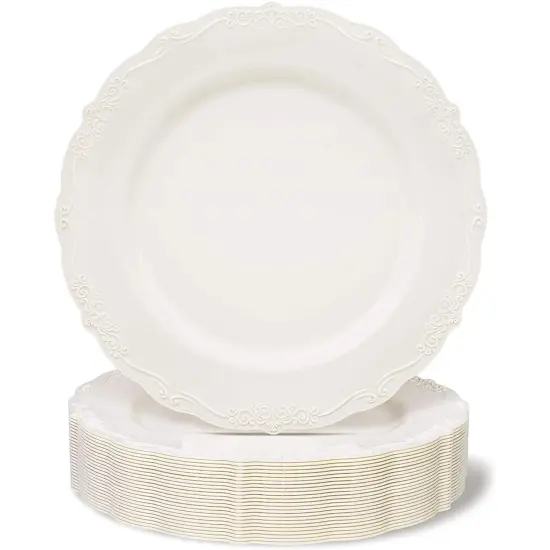 25 Pack Plastic Dinner Plates for Party, Cream with Fine Detailing (10 Inches) White {1}