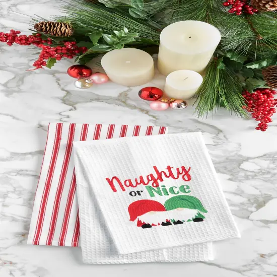 27" x 18" Christmas Holiday "Naughty Or Nice" Sentiment Featuring Gnomes Cotton Embroidered & Waffle Weave Kitchen Dish Towel {3}