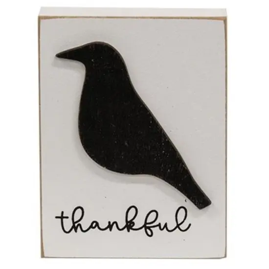Rustic White Wooden &lsquo;Thankful&rsquo; Block with Black Crow Cutout {1}