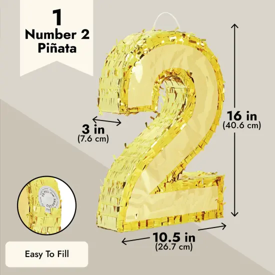 Juvale Gold Foil Number 2 Pinata for Kids Ages 3-14 Birthday Party Decorations, Centerpieces, Anniversary Celebrations, Small (16 x 10.5 x 3 in) {3}
