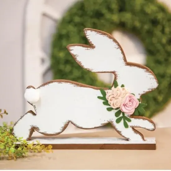 Distressed White Easter Bunny Wooden Cutout with Colorful Spring Flowers {1}