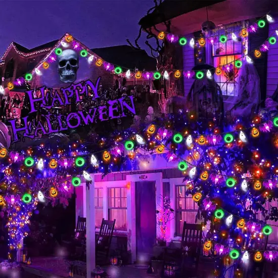 50 LED Pumpkin Bat Ghost Eyeball String Lights - Multicolor {3}