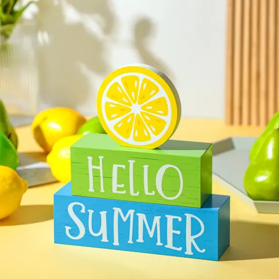 3 Pieces Summer Wooden Block Decor for Home Lemon Wooden Tiered Tray Block Decor Rustic Hello Summer Sign for Living Mantle Kitchen Table Party Decoration {2}