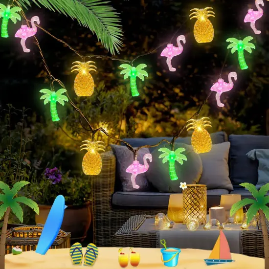 Couah 30 LED 16Ft Summer Beach Hawaiian String Lights - 8 Modes & Timer - Flamingo Pineapple Palm Tree Fairy Lights - Battery Operated for Tropical Party Pool Decorations {5}