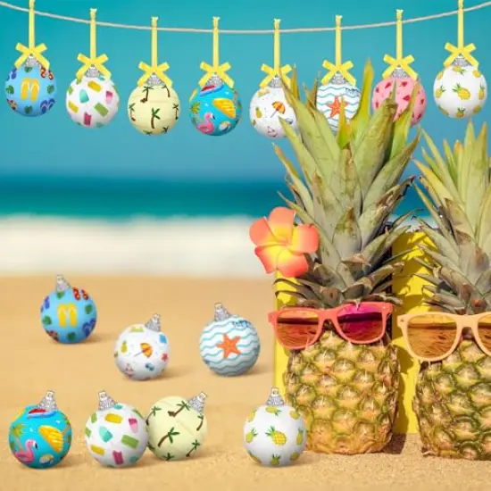16 Pcs Summer Hanging Ornaments Hanging Hawaiian Style Ball Decoration Ice Cream Orange Juice Flamingo Sea Seahorse Style Ball for Summer Holiday Party Tree Decor(Beach) {6}