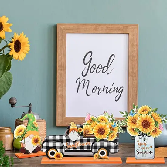 5 Pcs Sunflower Table Sign Sunflower Wooden Table Centerpieces Sign Summer Gnome Wooden Table Decor Sunshine Table Decoration Signs Gnome Wooden Centerpiece for Home Party(Colorful) {2}