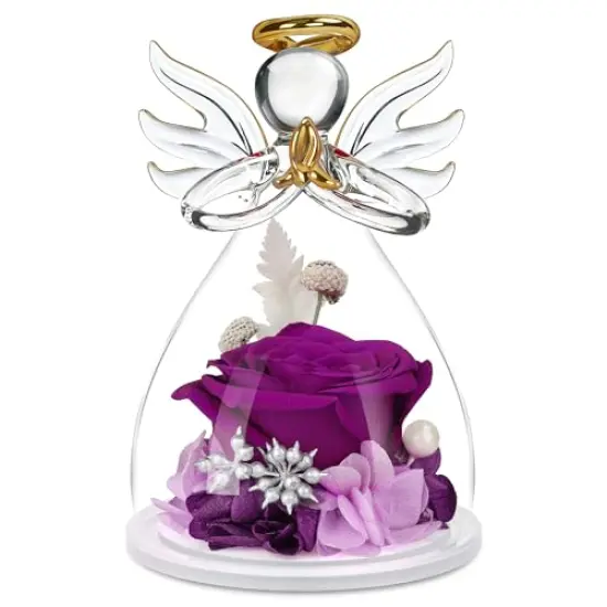 Mothers Day Mom Gifts for Her,Preserved Flowers Rose in Glass Angel Figurines,Birthday Gifts for Women,Mothers Present from Daughter,Purple Flowers Angels for Grandma Wife Sister Girlfriend Valentines {1}