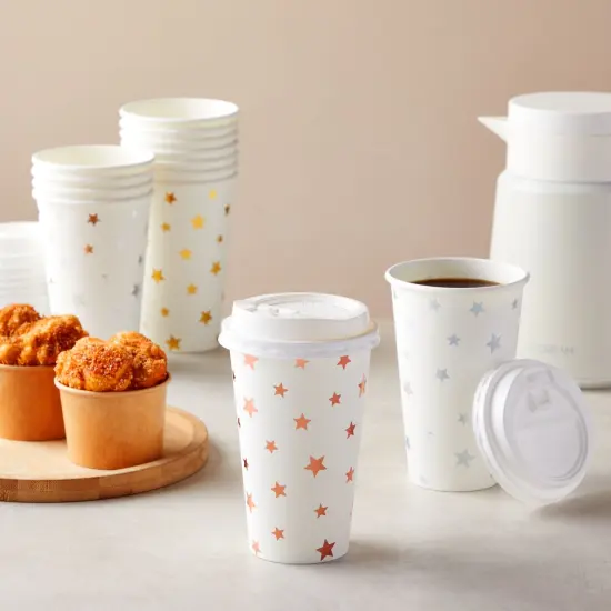 48 Pack Disposable 16oz Coffee Cups with Lids, Paper To Go Coffee Cups for Themed Birthday Party, Wedding, Baby Shower (Foil Stars) White {6}