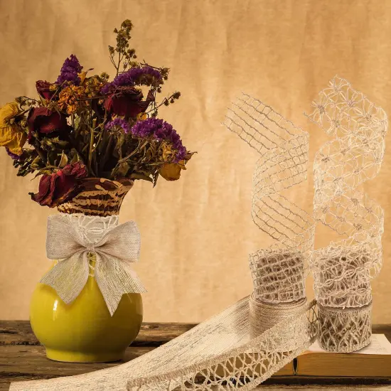 4 Rolls Burlap Ribbon Natural Jute Burlap Lace Mesh Weeding Trim Craft Wrapping Ribbon for Holiday Party DIY Handmade Artist Home Decor Packaging {3}