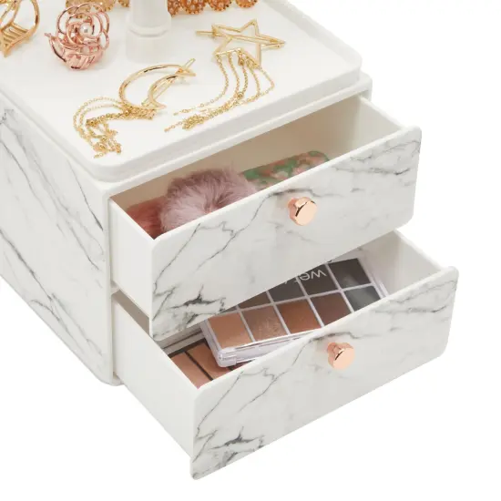 Marble Jewelry Display Tray and Makeup Organizer with Drawer for Vanity (7.3 x 7.7 x 13 in) White {6}