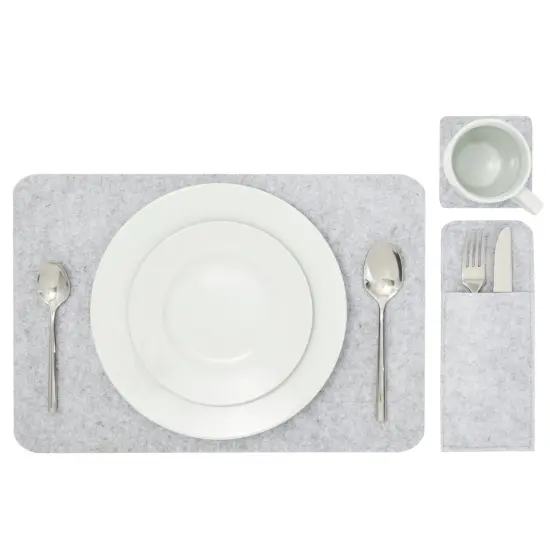 Felt Table Placemats Set of 8 for Dining Table and Kitchen Decor with Drink Coasters and Cutlery Pouches (Light Gray, 24 Pieces) Grey {3}