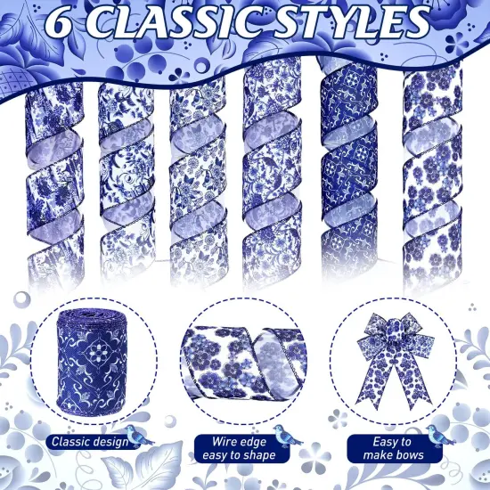 6 Rolls Christmas Chinoiserie Ribbon White and Blue Wired Edge Floral Ribbon Butterfly Flower Pattern Fabric Craft Wreath Bow Wrapping 2.52 Inches by 5 Yards {1}