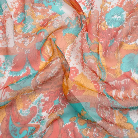 1 Yard Turquoise Peach and Orange Ornamental Gardens Crinkled Silk Chiffon Sheer Lightweight, 54 Inches Wide {1}