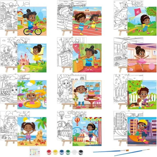 12 Sets Pre Drawn Canvas to Paint Kid Adult Stretched Coloring(Black Girl) {1}