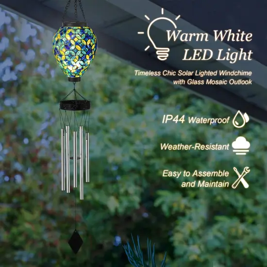 Set of 2 37"H Solar Lighted Metal and Glass Mosaic Windchime 2pcs-Multicolor {4}
