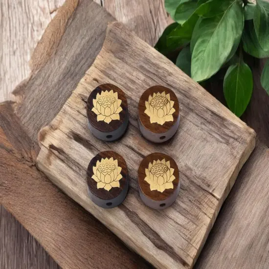*5* 15x7mm Rosewood covered Brass Lotus Flower Coin Beads {2}