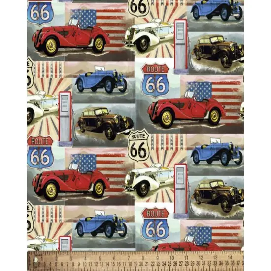 Cars Vintage American Route 66 Digital Cotton Print Fabric | By the Yard | Sewing and Crafting | 44 inches wide {1}