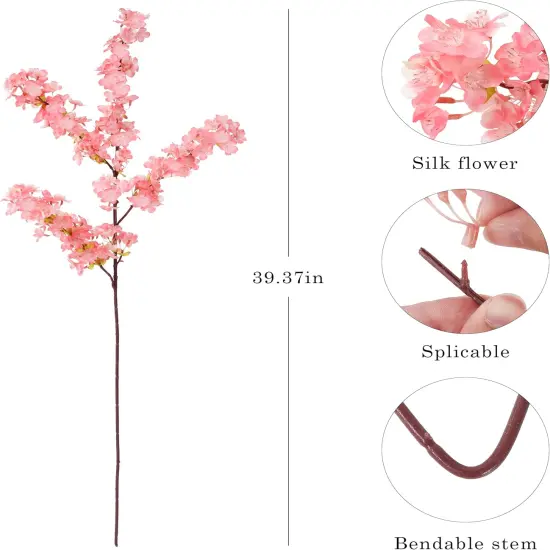 Artificial Cherry Blossom Branches 3Pcs 40" Faux Silk Cherry Blossom, Fake Flowers with Leaves Bouquet Decorations for Home Living Room Bedroom Table Centerpiece Vase Wedding Decor (Pink) {2}