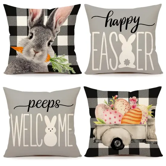 Easter Pillow Covers 18x18 Set of 4 Easter Decorations for Spring Farmhouse Pillows Easter Decorative Throw Pillows Buffalo Plaid Bunny Eggs Welcome Peeps Throw Cushion Case for Home Decor TH163 {1}