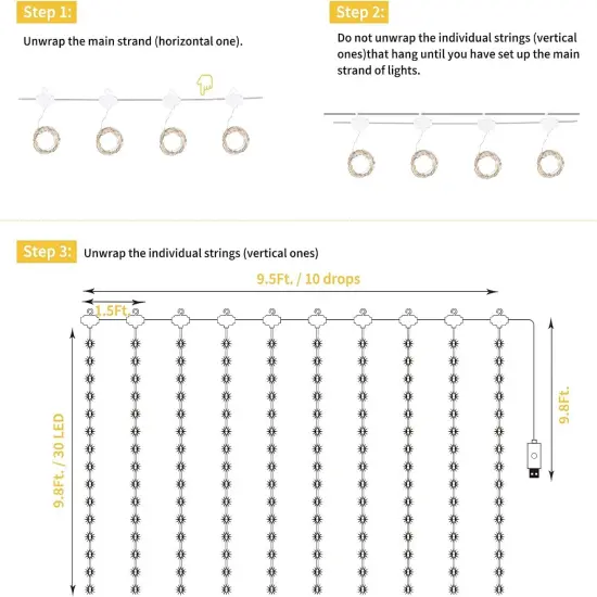 Minetom Curtain Lights, 300 LED Dimmable Fairy Lights with Remote and Timer, 8 Modes, USB Powered String Lights for Room Wall Party Xmas Indoor Decor, Warm White {4}