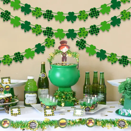4PCS Felt Shamrock Clover Garland Banner - NO DIY, St. Patrick's Day Decorations - Buffalo Plaid Dark Green Light Green Happy St. Patrick's Day Banner for Home Mantel Office Irish Day Party Supplies {2}