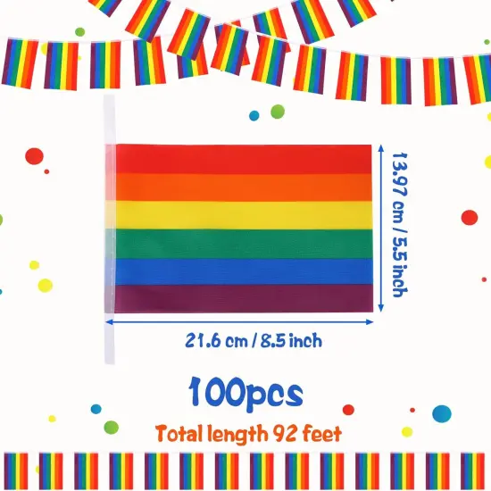 100 Pcs Rainbow Flag Banner, 92 Feet Gay Pride Banner LGBT String Flags Banner Decorations, Rainbow String Bunting Indoor Outdoor for LGBT Festival Party Celebration Decoration {2}