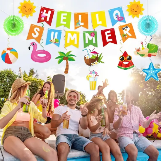 Summer Pool Party Decorations, Hello Summer Banner Paper Lanterns Beach Hanging Streams Decor for Hawaiian Luau Tropical Vacation Outfit Birthday Party Supplies Favors {4}