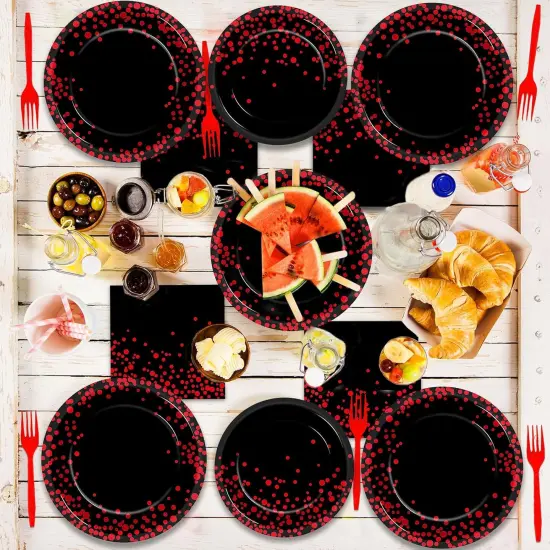 96 Pcs Black and Red Party Plates and Napkins Party Supplies Red Dot on Black Party Birthday Tableware Set Decorations Favors for Birthday Baby Shower Serves 24 {5}