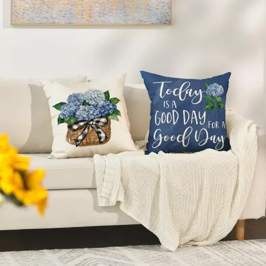 Blue Hydrangea Spring Summer Throw Pillow Covers, 18 x 18 Inch Today is A Good Day Dark Blue Cushion Case Decoration for Sofa Couch Set of 4 {5}