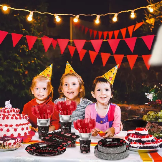 120 Pcs Happy Birthday Party Supplies Disposable Party Tableware Serves 24 Included 7 Inch 9 Inch Plates Napkins Cups Forks for Men Woman 50th Birthday Party Decorations (Black and Red) {5}
