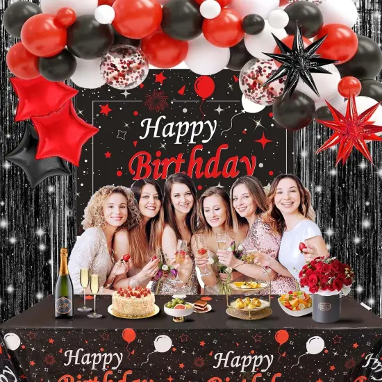 77PCS Red and Black Birthday Decorations for Women Men, Happy Birthday Banner Tablecloth Background Party Supplies, Confetti Star Red Black White Balloons Arch Kit Party Decorations {4}