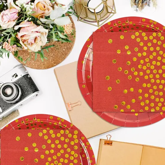 50PCS Red and Gold Birthday Plates and Napkins Party Supplies,25 x 7 Red Gold Foil Decorations Dessert Plates and 25 x 6.5 Napkins for Birthdays New Year Weddings Graduations {3}