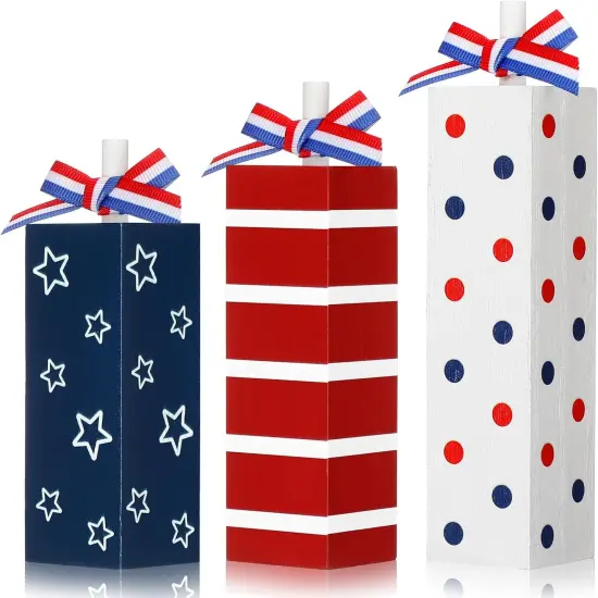 3 Pcs Patriotic Wooden Block Sign Memorial Day Decorations 4th of July Table Decor Red White Blue Tabletop Centerpieces Independence Day Tiered Tray Decor for Home Shelf(Rustic Style) {1}